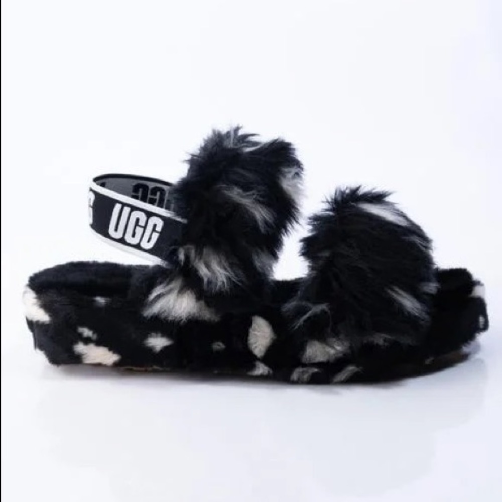 Ugg Fluff Yeah Slippers Black and White Neutral Fuzzy Sandal Slippers Size 8 - Picture 10 of 16
